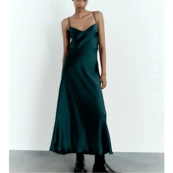 Zara | Dresses | Zara Emerald Green Satin Slip Midi Dress | Poshmark